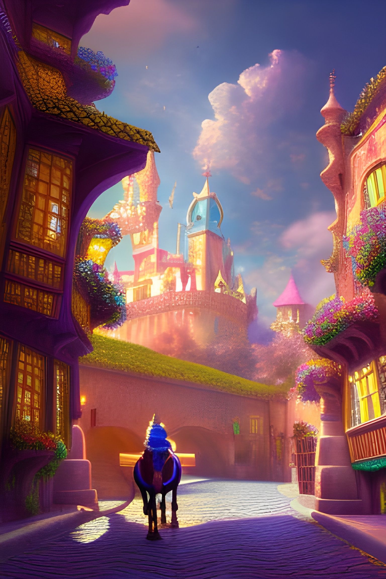 Luxurious Medieval Street Scene with Nebula Sky