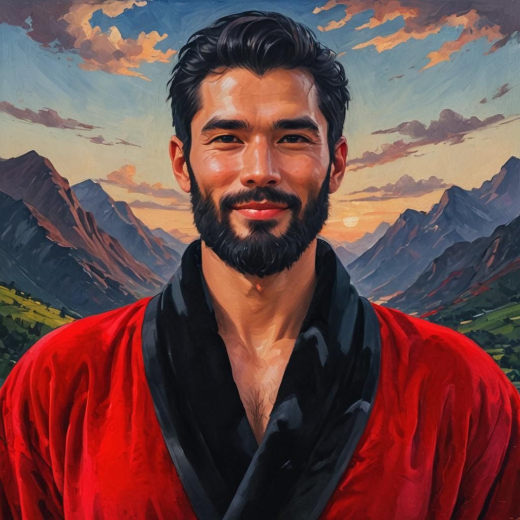 Smiling Man in Red Velvet Bathrobe, Impasto Oil Painting