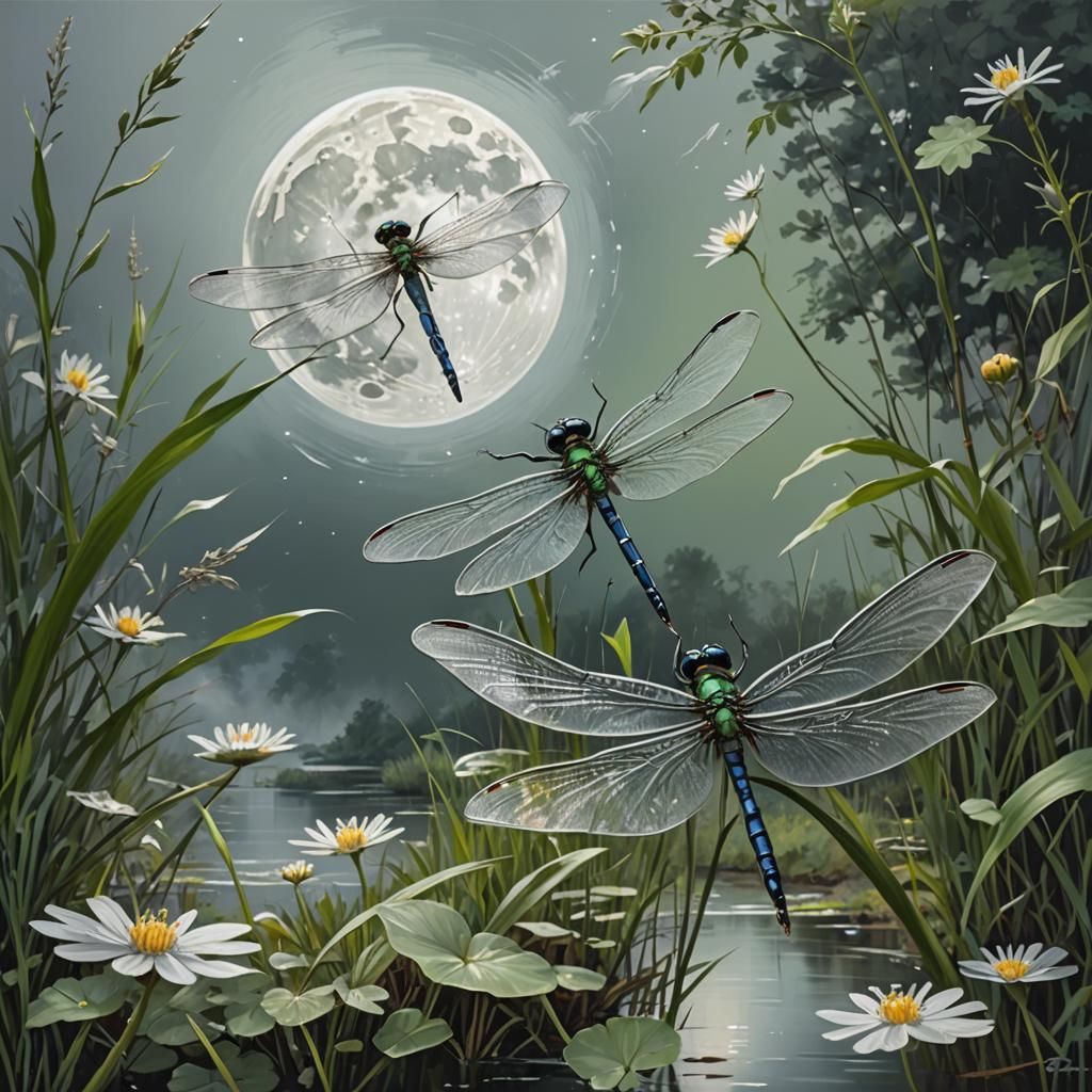Dragonfly and Moon Over River in Hyperrealistic Style