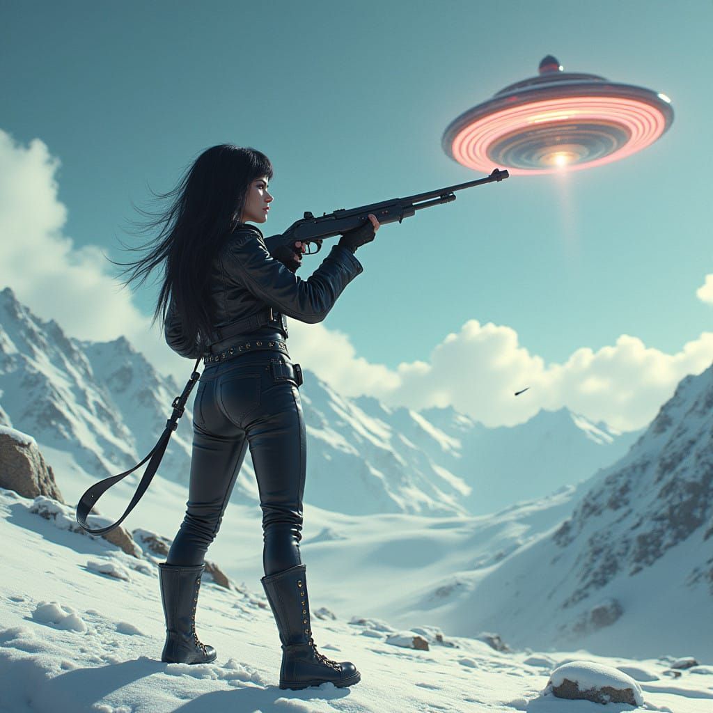 Rockstar Rebel Battles Alien UFO in Snowy Landscape