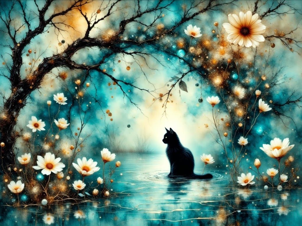 Whimsical Beach Scene with a Radiant Black Cat