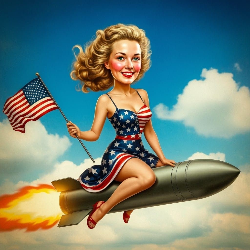Jubilant Celtic Woman Straddling Missile with American Flag