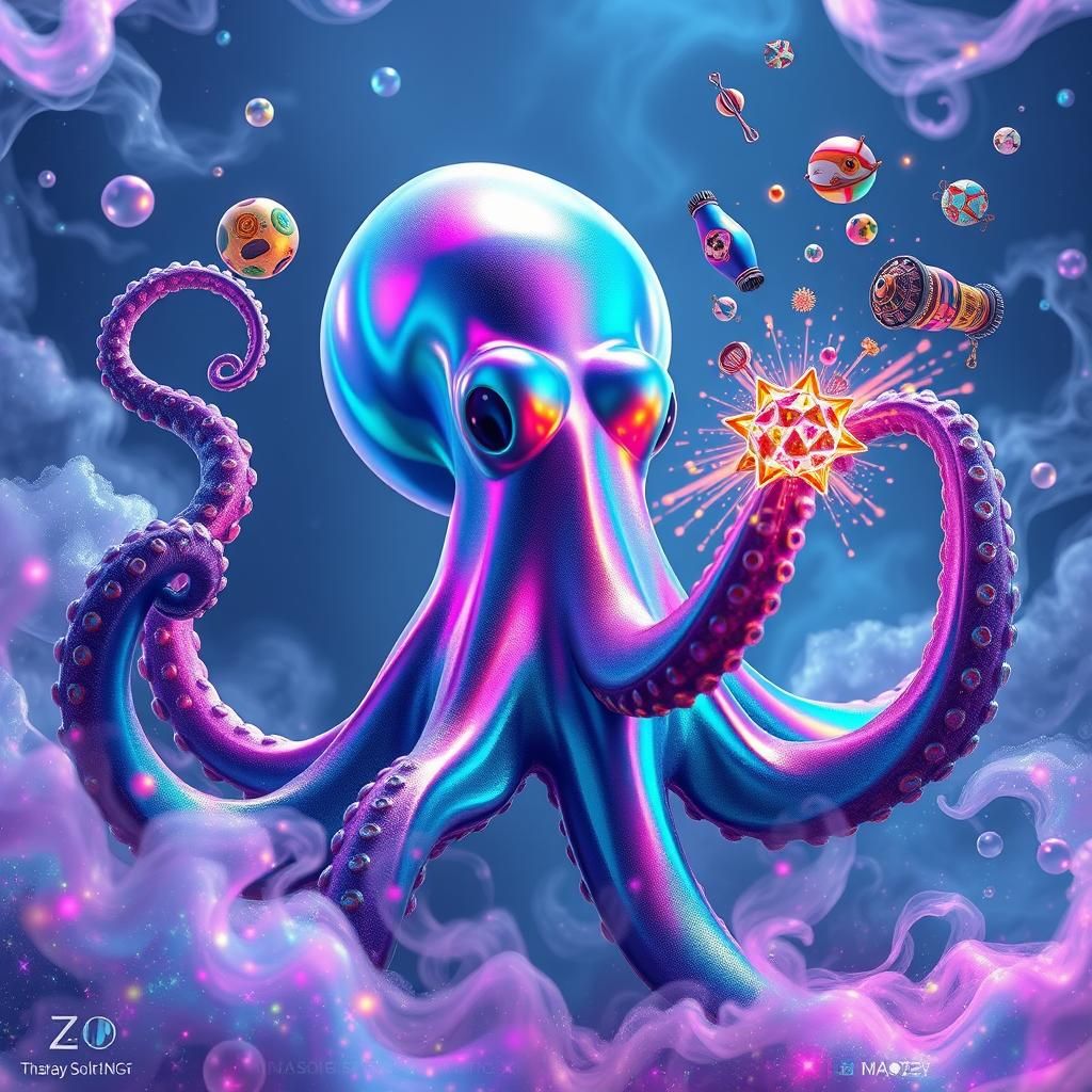 Iridescent Octopus Juggling in a 3D Anime Style