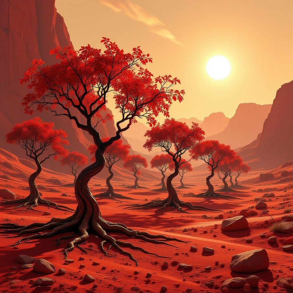 Martian Orchard with Crimson Leaves and Mineral-Rich Roots