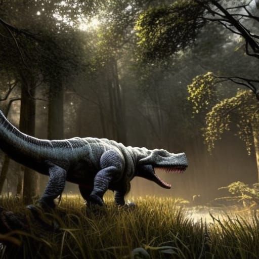 Dinosaur in Overgrown Marshland: Dark Fantasy Art