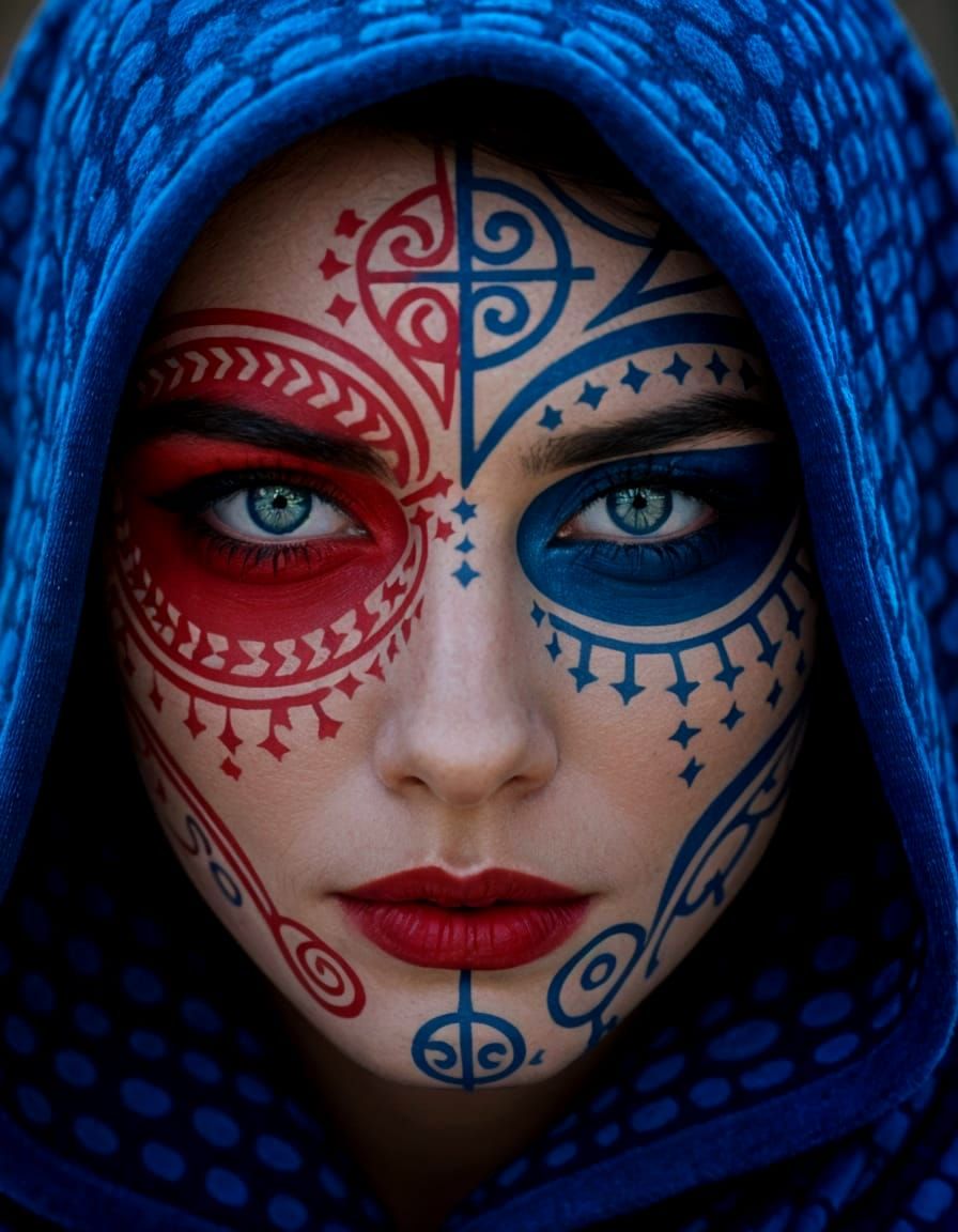 Red and Blue Face with Esoteric Symbols