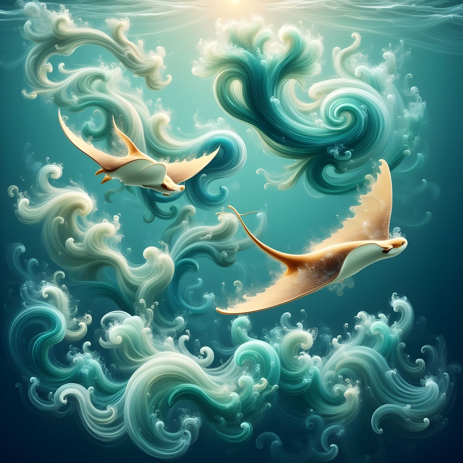 Surreal Underwater Scene with Stingrays in a Rushing Ocean C...