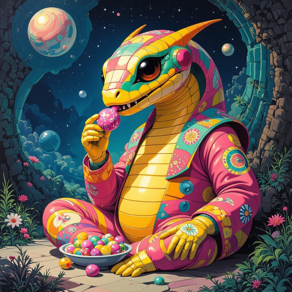 Secretary Bird Eats Planet Candy, Futuristic Style