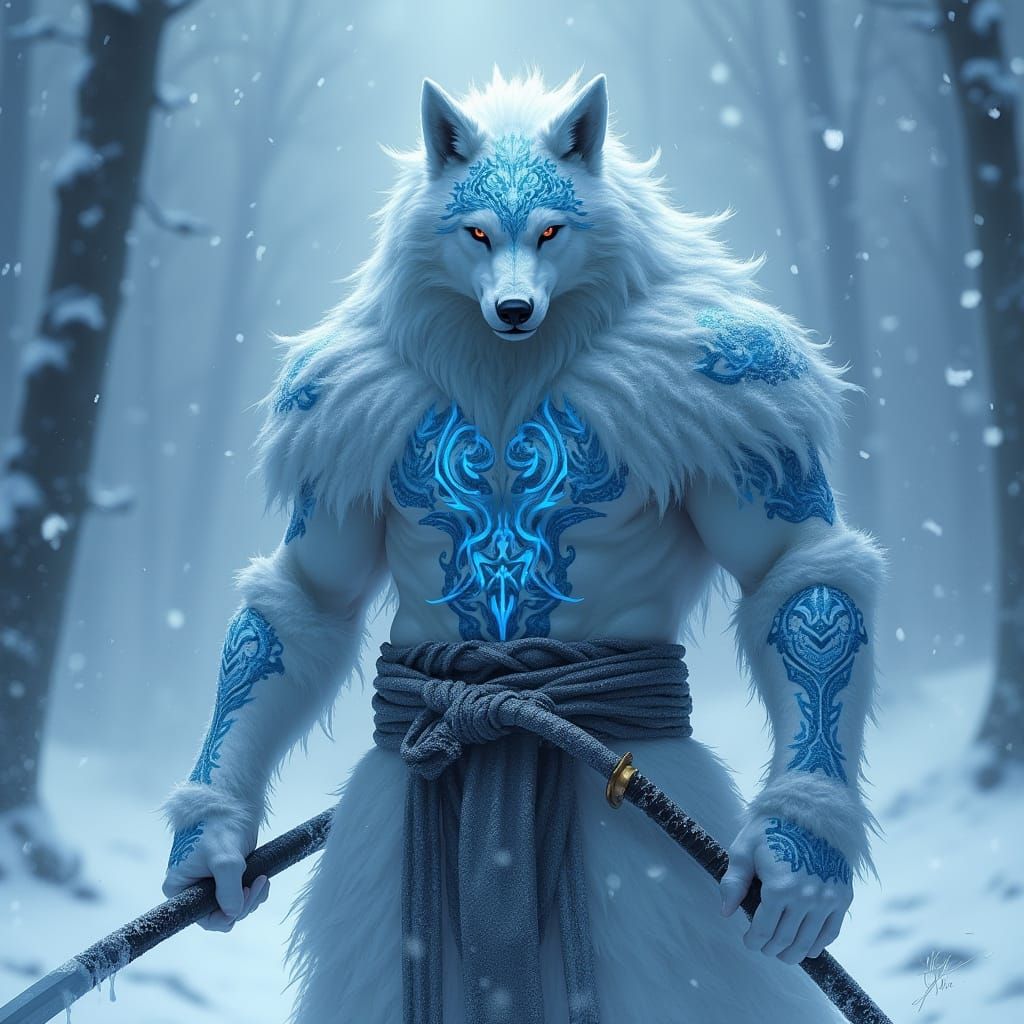 Majestic Ice Wolf Samurai in Dark Fantasy Art