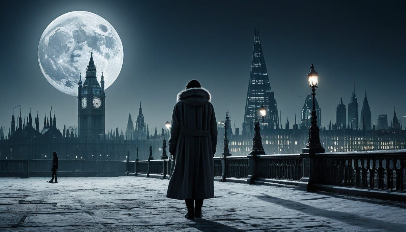 Melancholic Figure in Moonlit London Cityscape