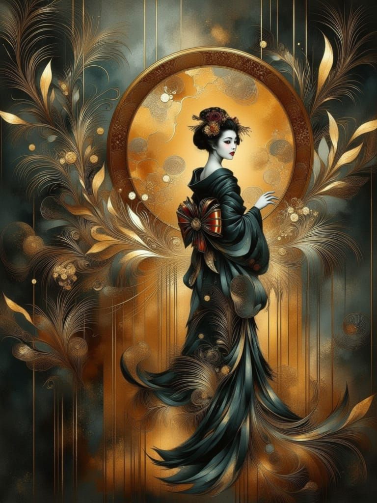 Geisha in Abstract Romantic Style with Klimt Influences