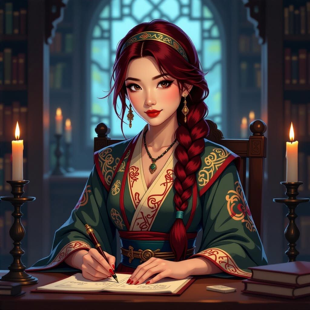 Arcane Asian Woman in Medieval Library