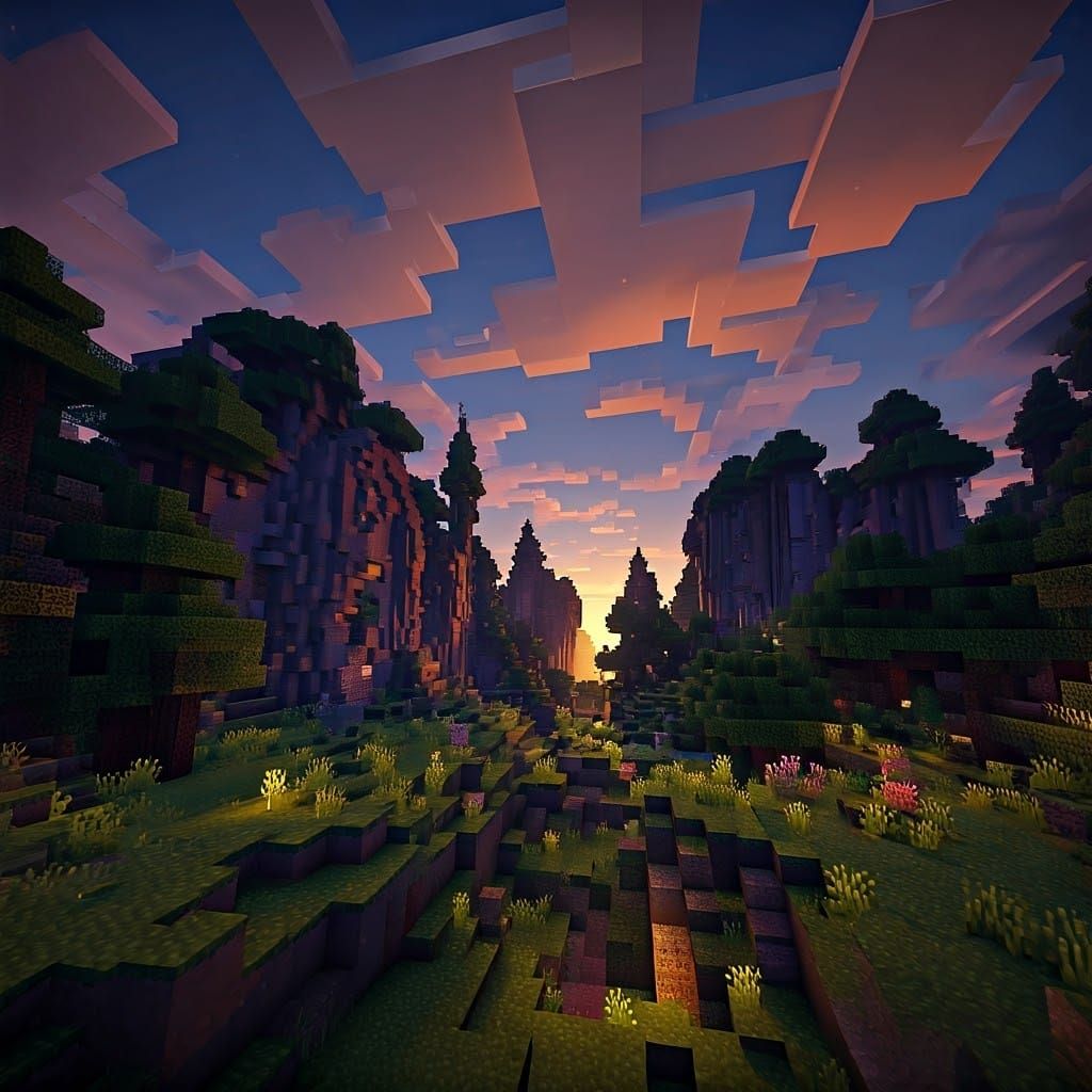 Blocky Pixel Art Landscape at Dusk in Vibrant Minecraft Styl...