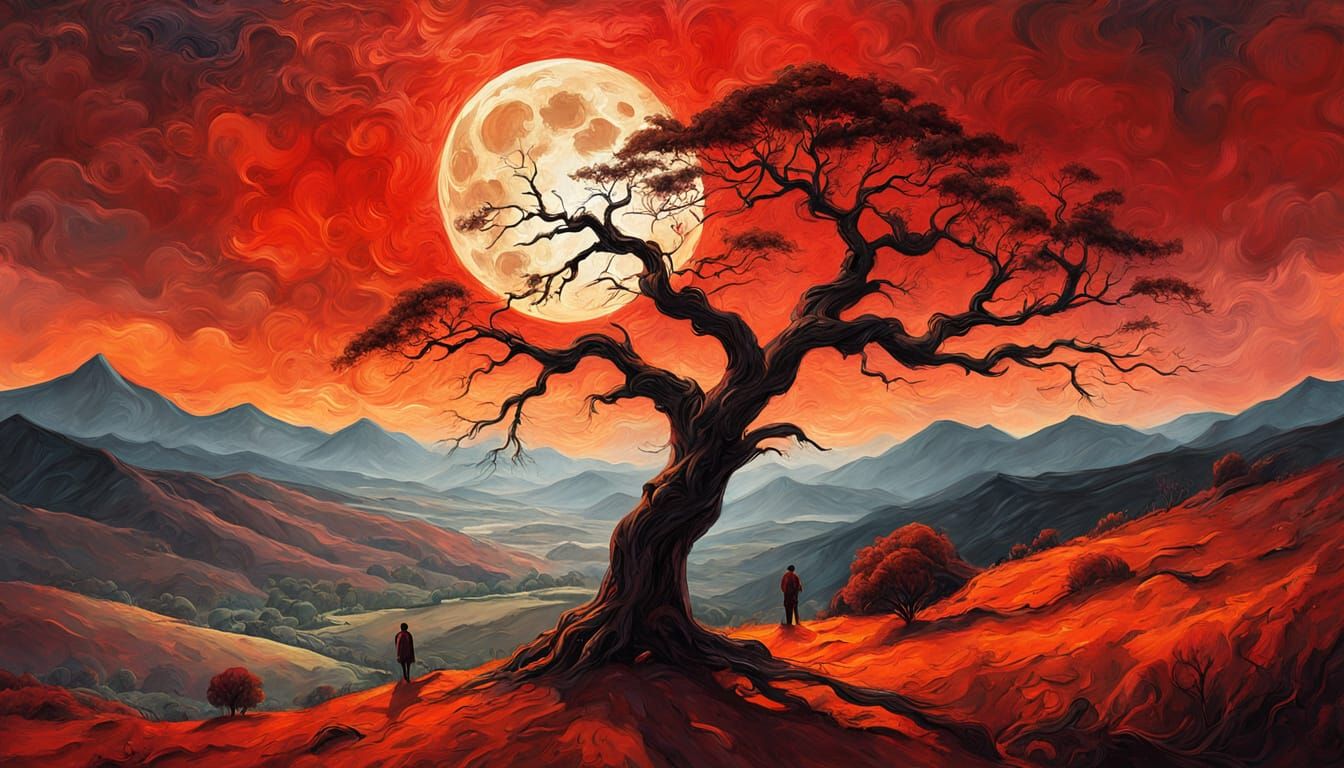 Expressive Landscape Oil Painting with Silhouetted Figures