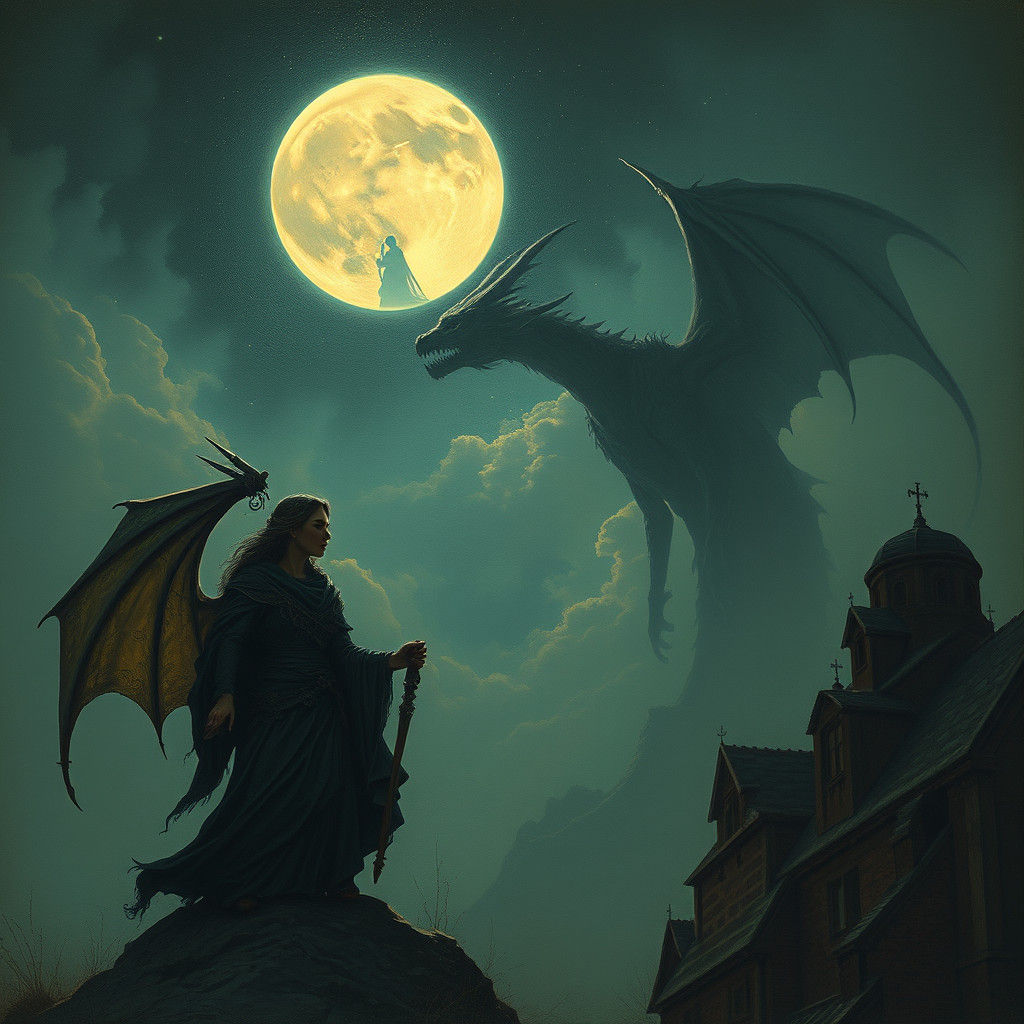 Travelling Bard Under Dragon, Horror Etching