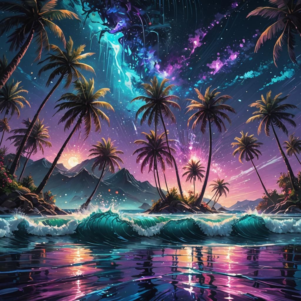 Tropical Starry Night Reflection: Fantasy Landscape Art