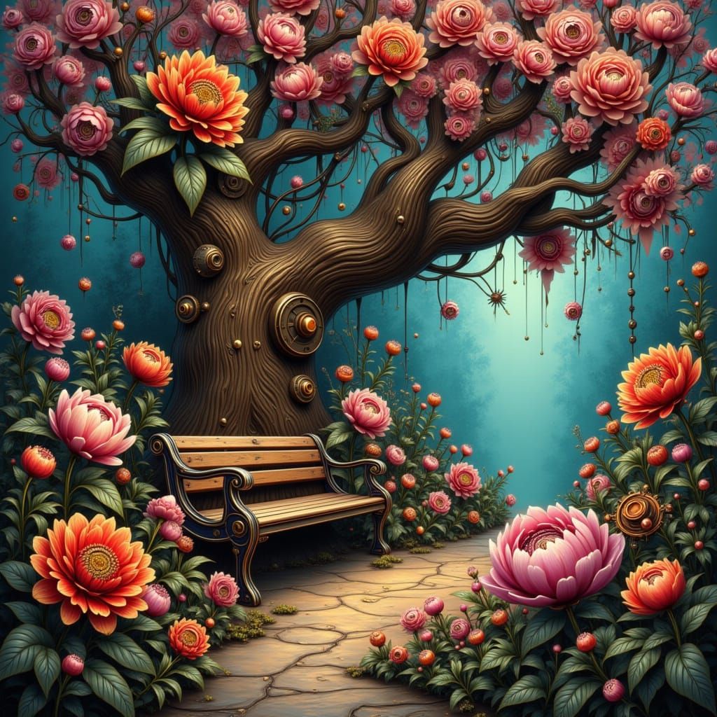 Steampunk Garden with Mechanical Flowers and Oak Tree