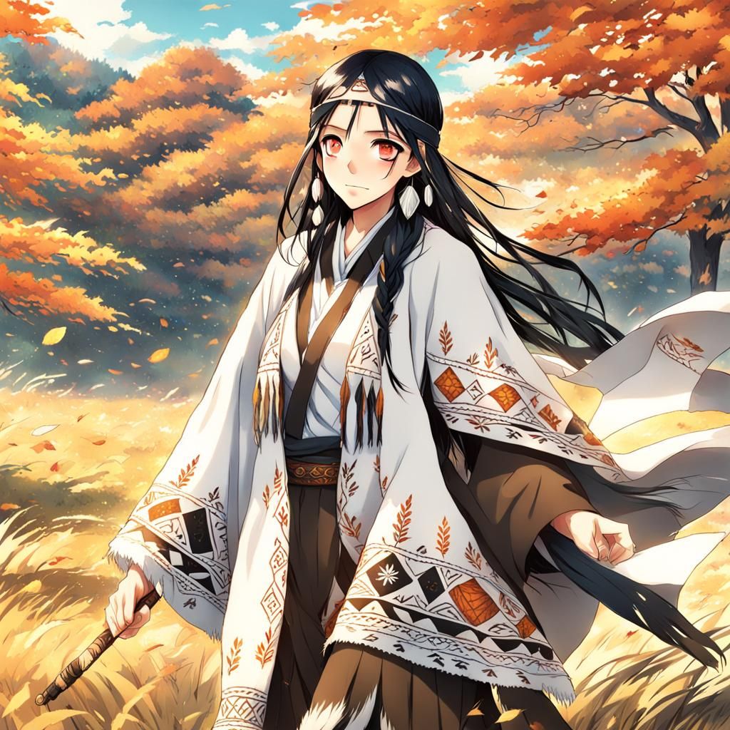 Native American Woman in Autumn Meadow, Anime Style