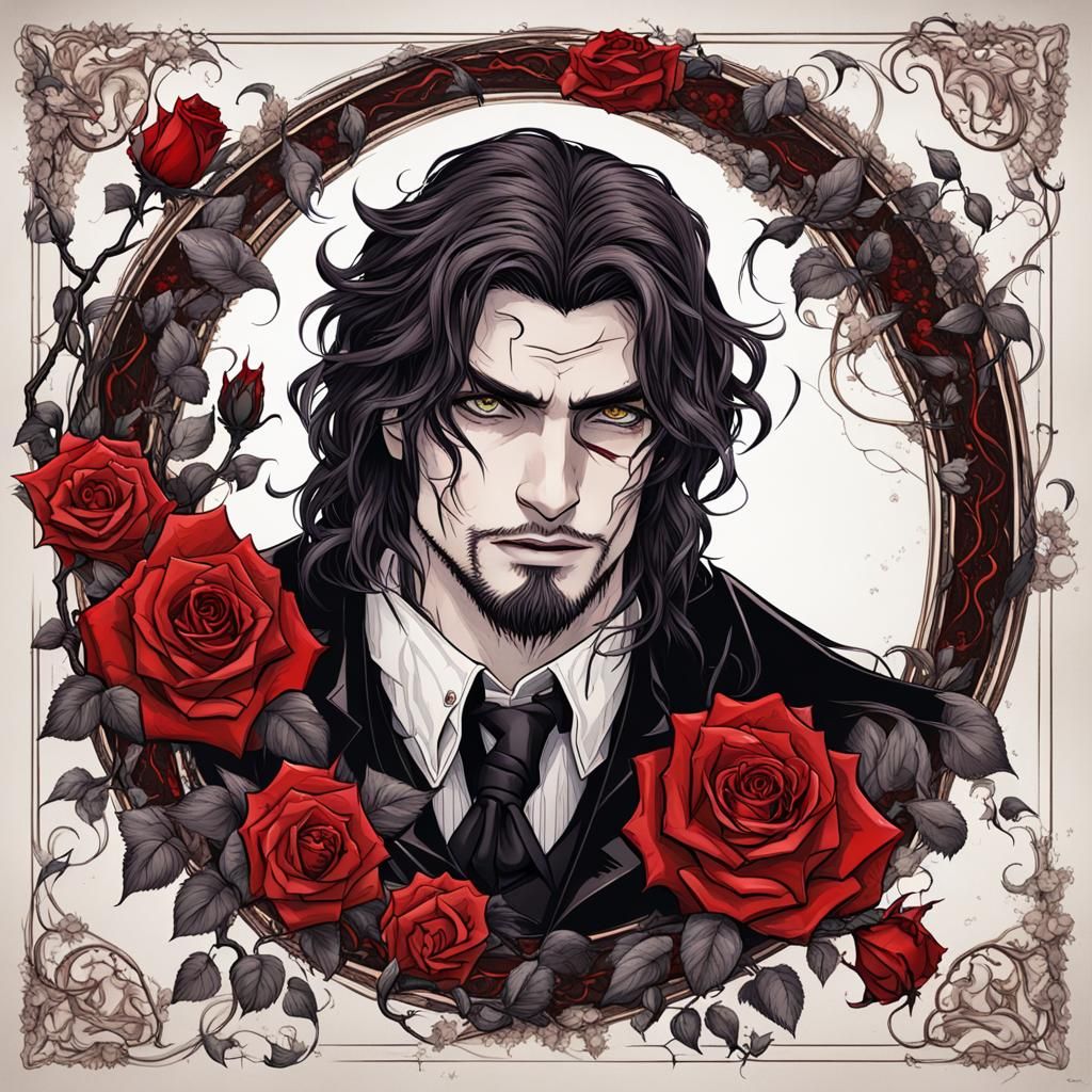 Gothic Devil Portrait with Roses in Comic Style