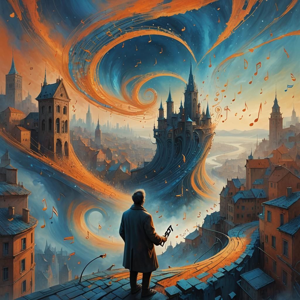Surreal Musician's Serenade: Fantasy Cityscape Art