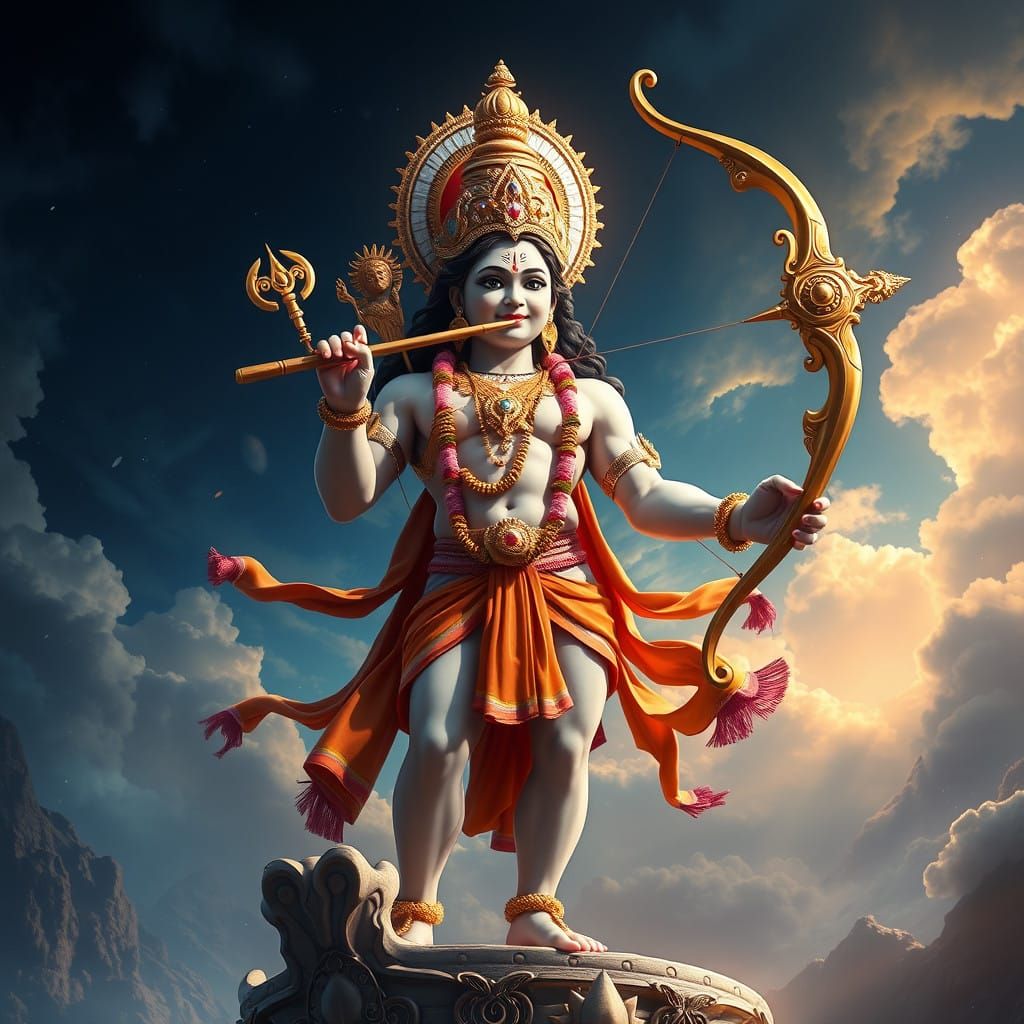 Divine Bodybuilder Lord Krishna Wields Bow and Plays Flute