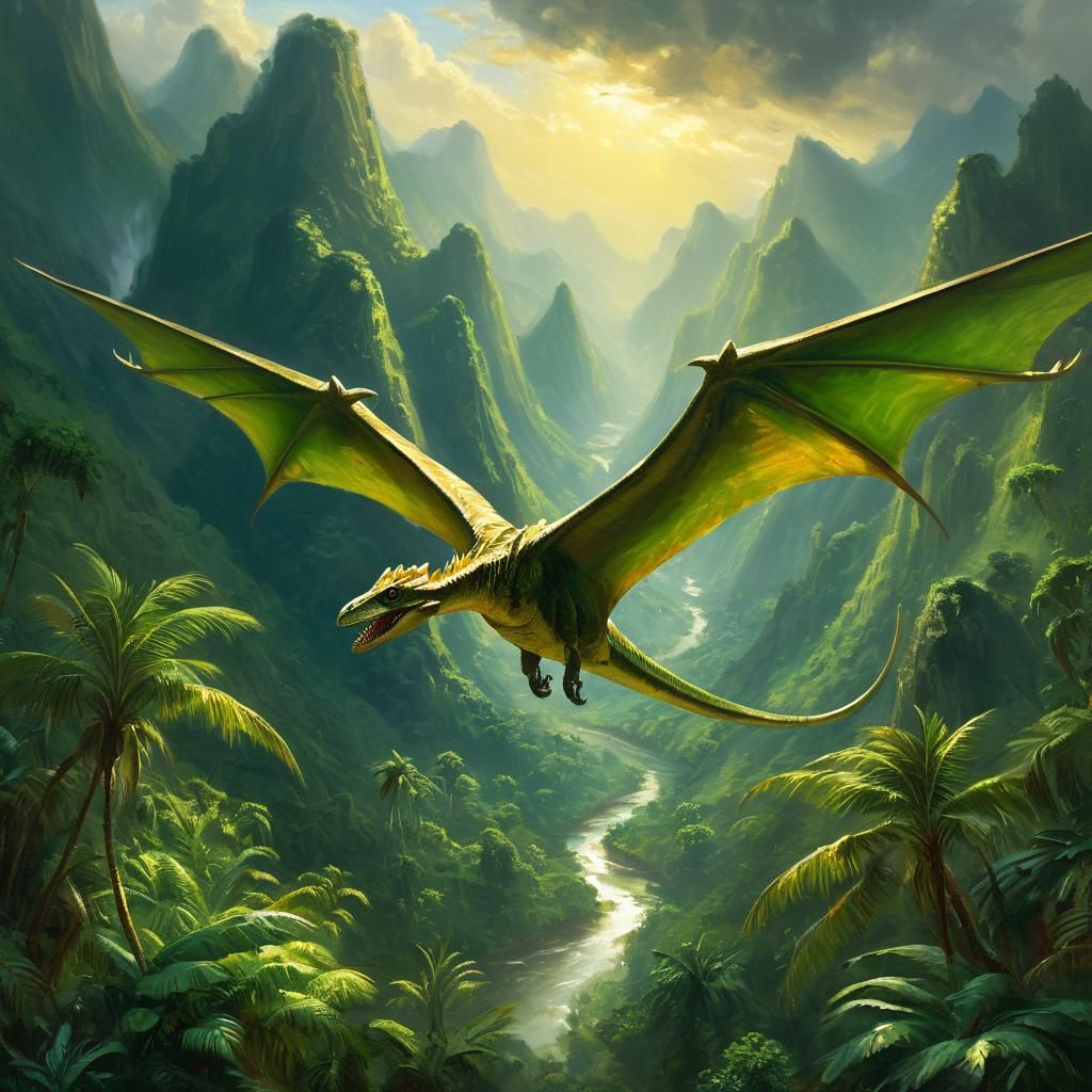 Pterosaur Soaring Over Tropical Valley as Oil Painting