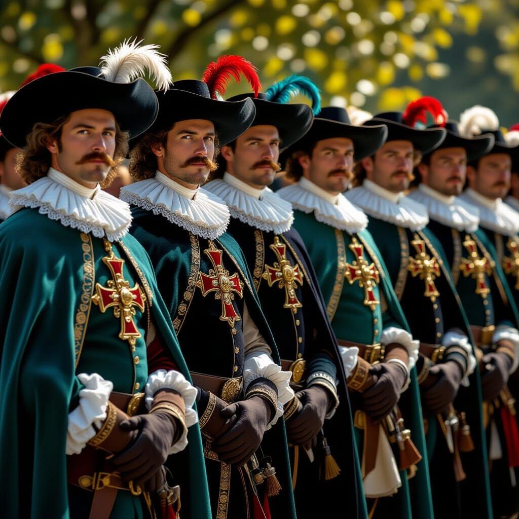 Historical Musketeers in Teal Capes and Feathered Hats