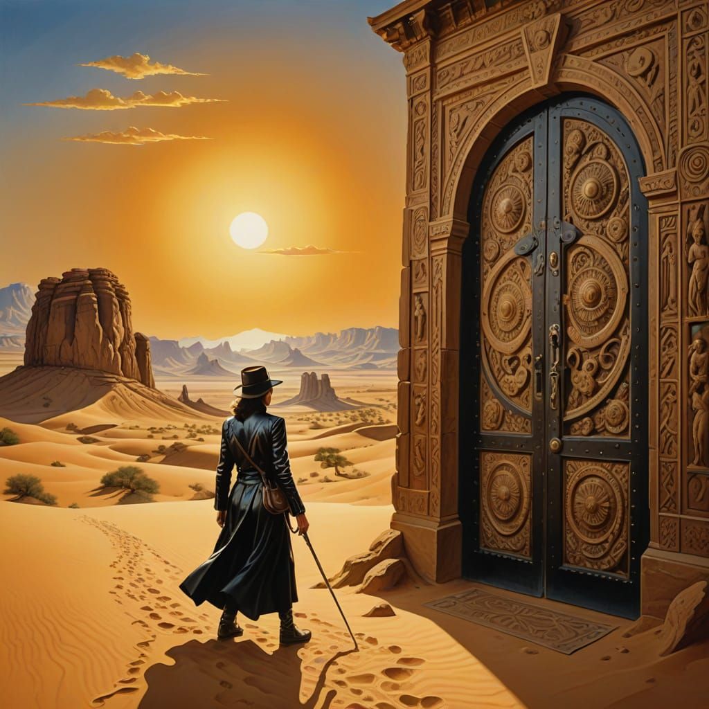 Ornate Door in Sahara Desert, Surreal Scene