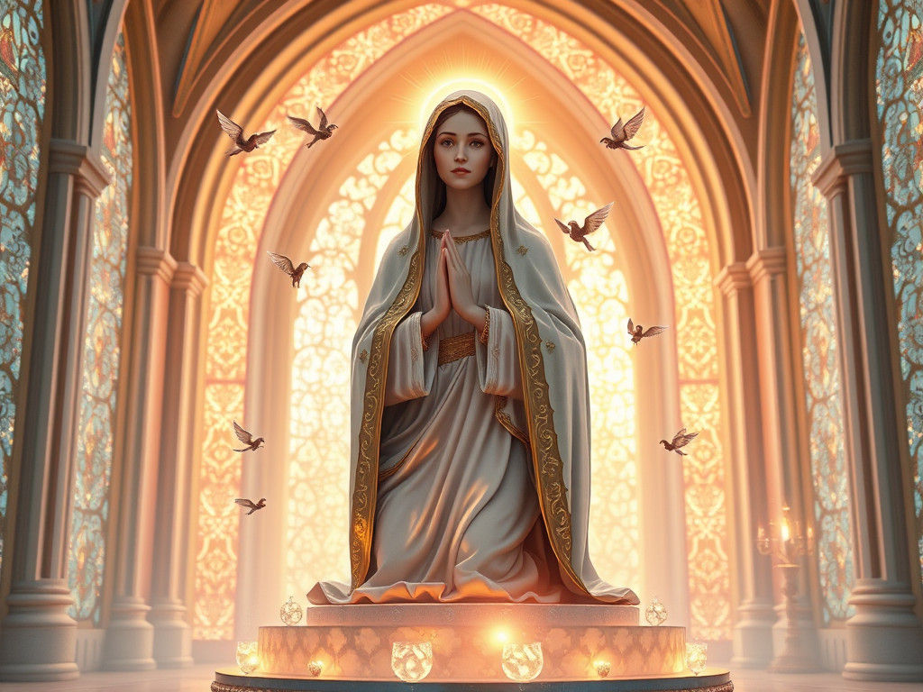 Majestic Virgin Mary in Ethereal Temple