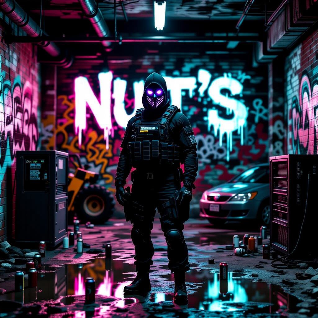 Abandoned Industrial Basement with Graffiti and Hacker Figur...