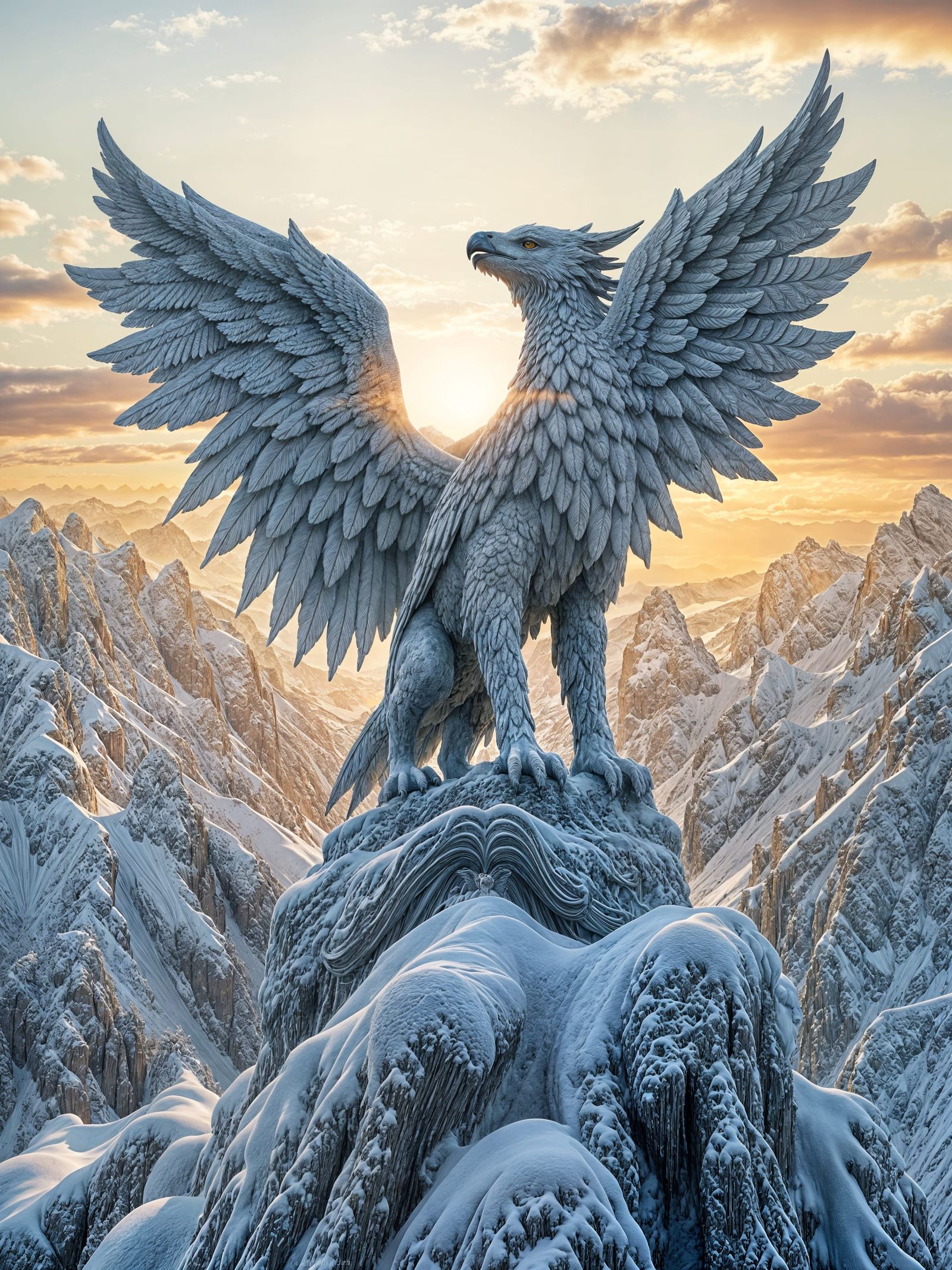 Marble Griffin Statue at Sunrise, Art Nouveau Style