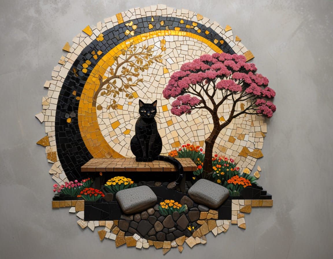 Neon Tree, Sleeping Cat, and Mosaic Collage Art