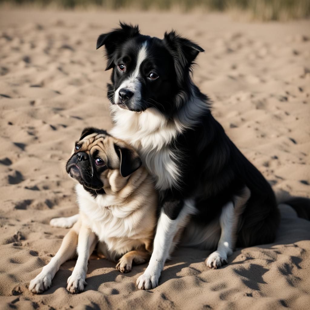 Border Collie Hugs Tan Pug in Sweet Embrace