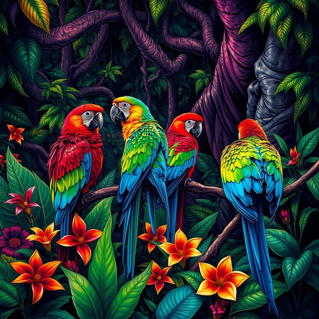 Vibrant Jungle Scene with Parrots and Exotic Flowers