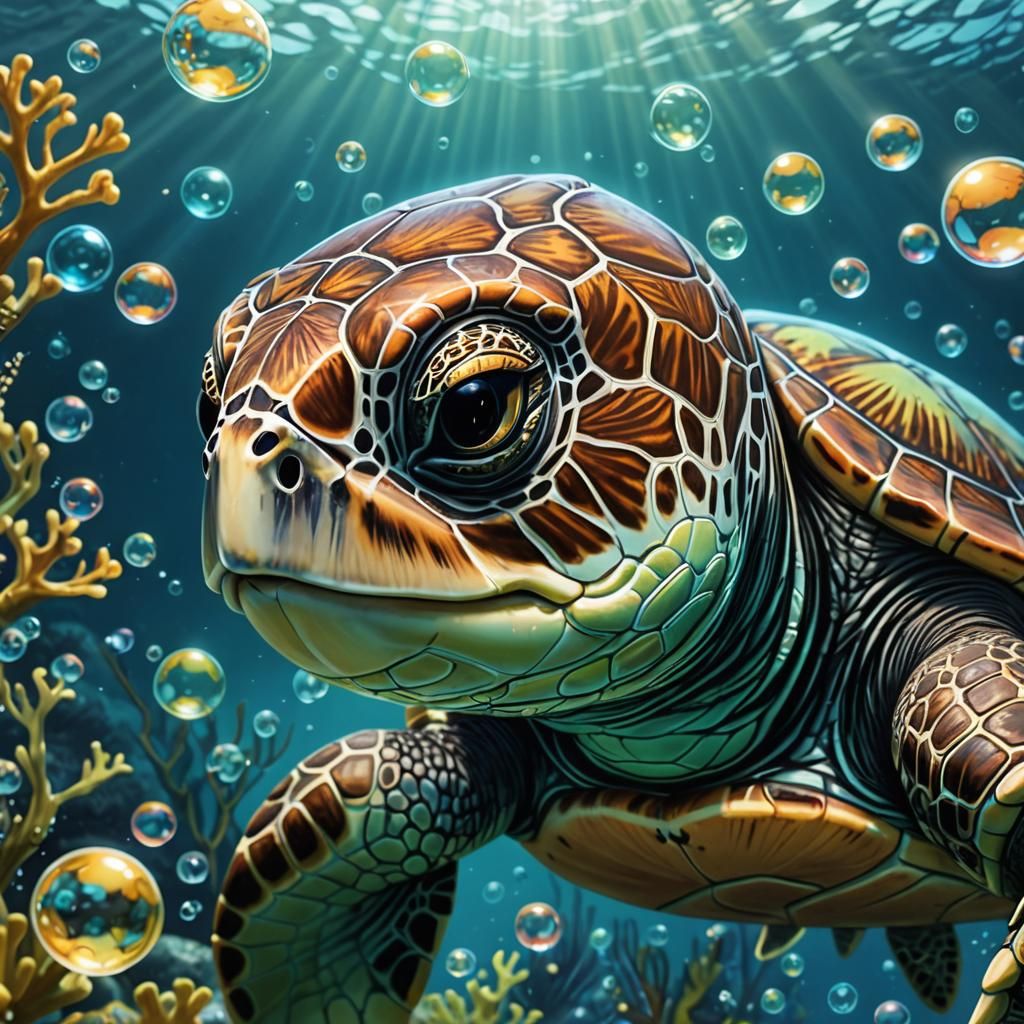 Chibi Sea Turtle in Underwater Kelp Forest