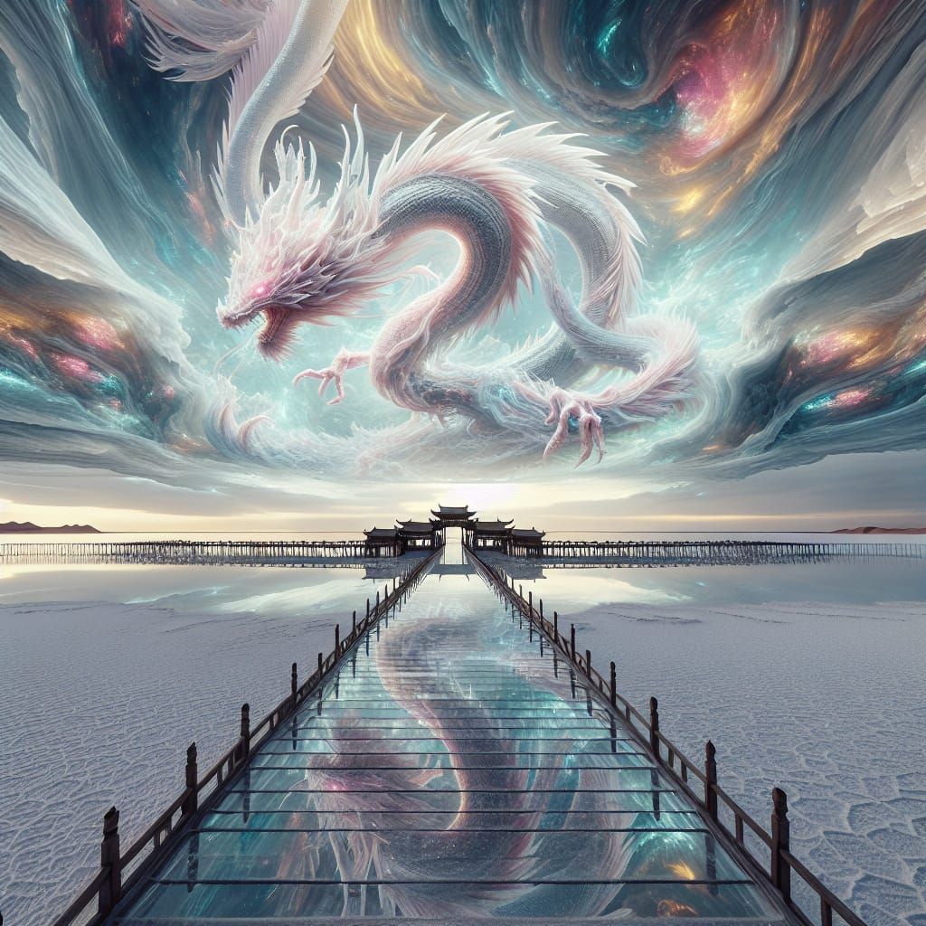 Pastel Dragon Dances Over Crystalline Salt Lake