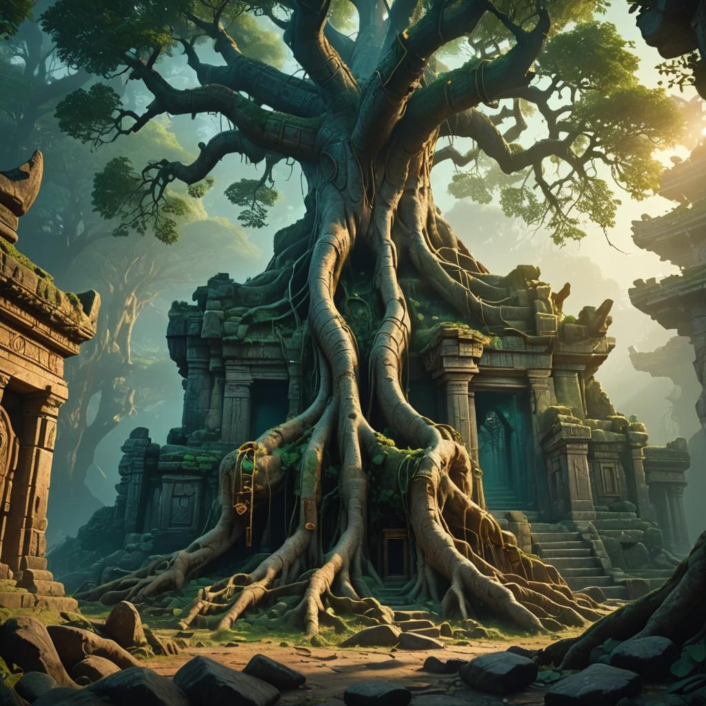 Ancient Roots Entwined in Stone Temple Ruins