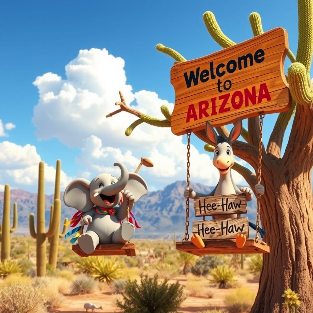 Arizona Desert Scene with Animals on Swings