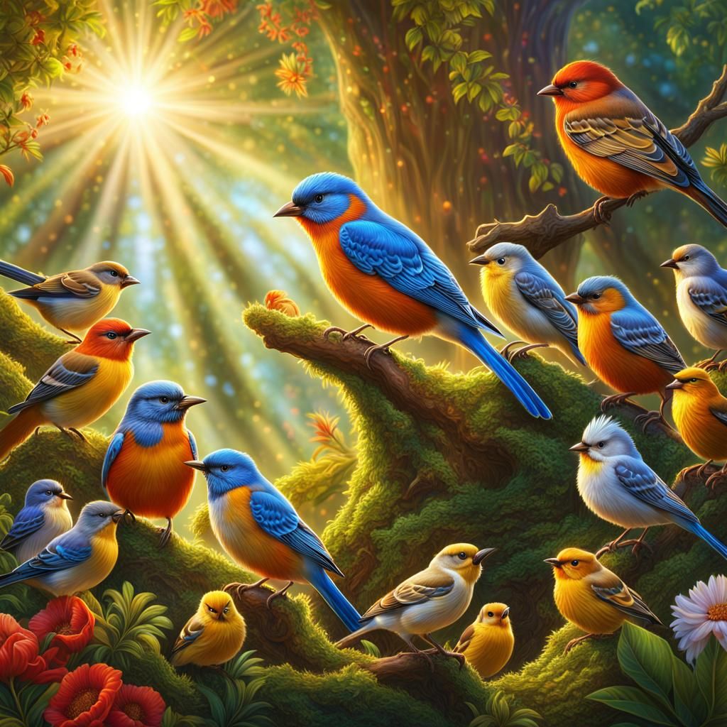 Birds in a Sunlit Garden Wonderland