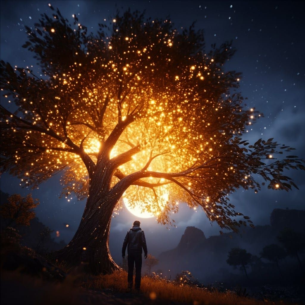 Mystical Golden Leaf Tree at Night