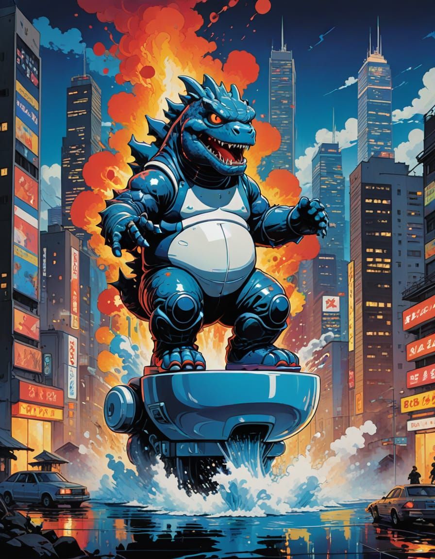 Skibidi Toilet Defies Godzilla in Vibrant Cityscape Illustra...