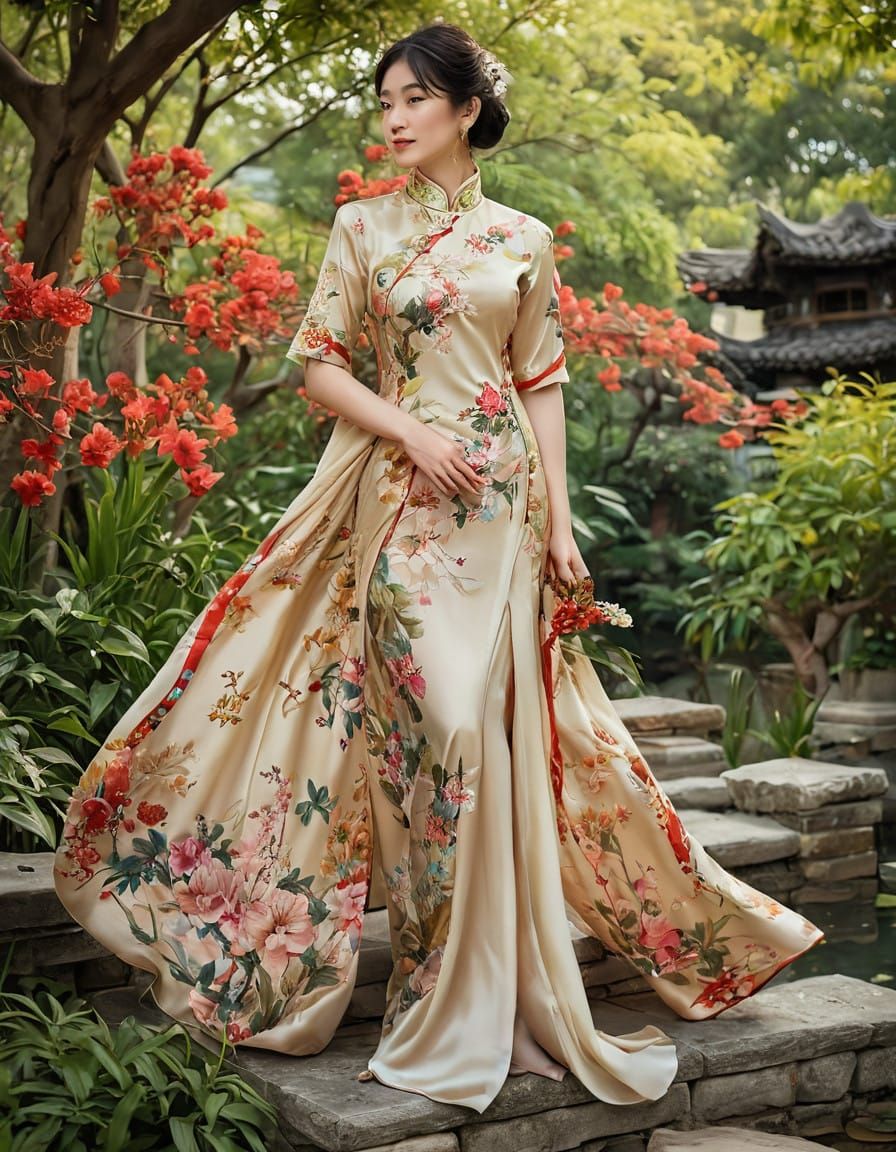 Elegant Chinese Lady in a Lush Traditional Garden
