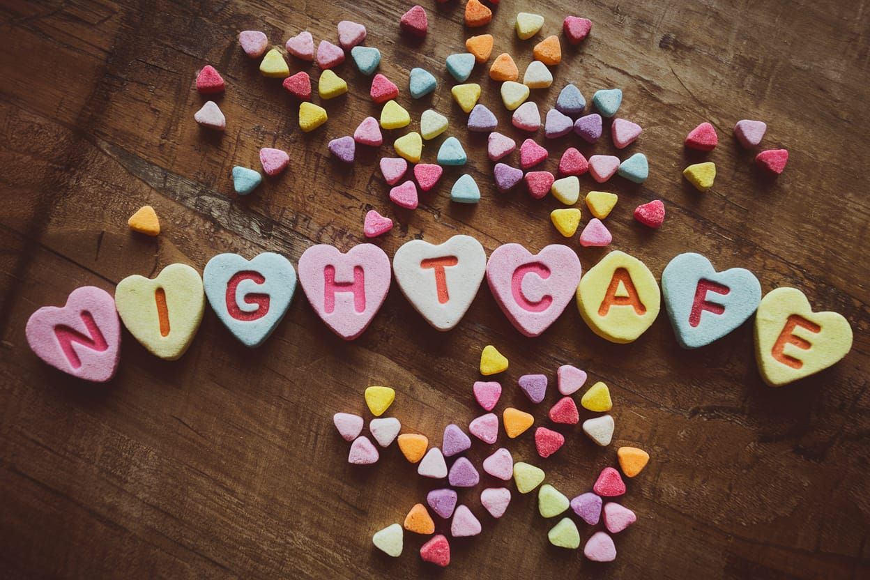 Sweet Hearts Spell Out Nightcafe in Vibrant Candy