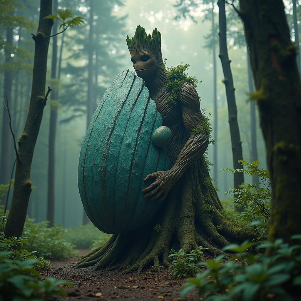 Groot Encased in Mussel Shell in Misty Forest