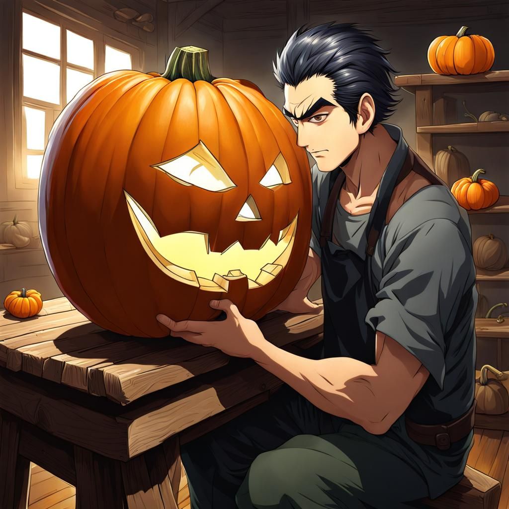 Anime Man Saws Pumpkin: Detailed Manga Portrait