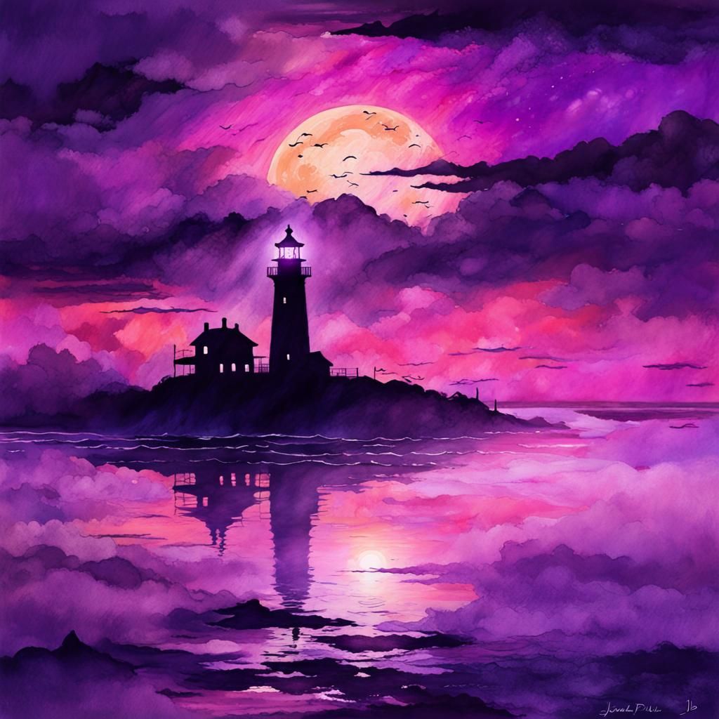 Purple Sunset Lighthouse Seascape in Fantasy Watercolor Styl...