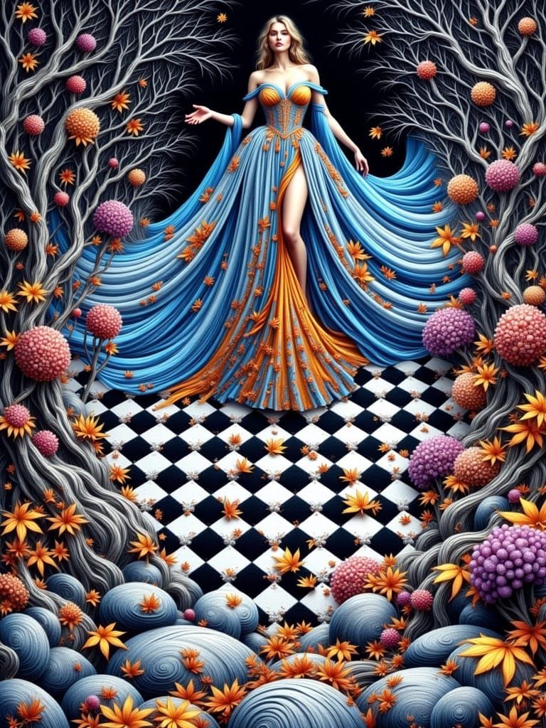 Fall Goddess in Blue & Orange Gown with Golden Hair