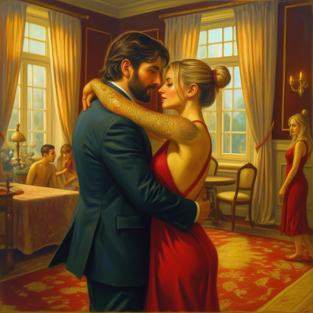 Elegant Couple Dancing in Golden Ballroom Oil Painting