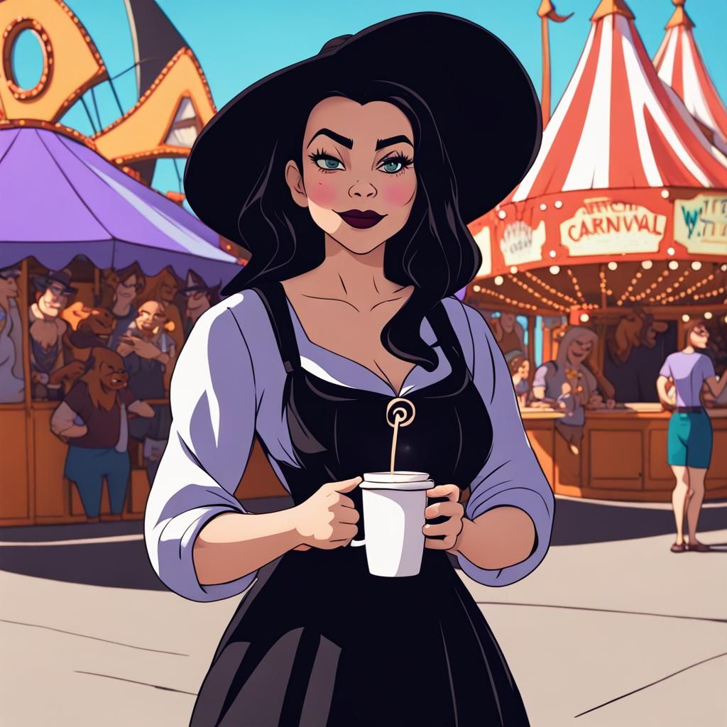 Disney Pixar style beautiful woman witch, wearing a 5-Shirt saying “witch life”, standing outside at a carnival, drinkin...