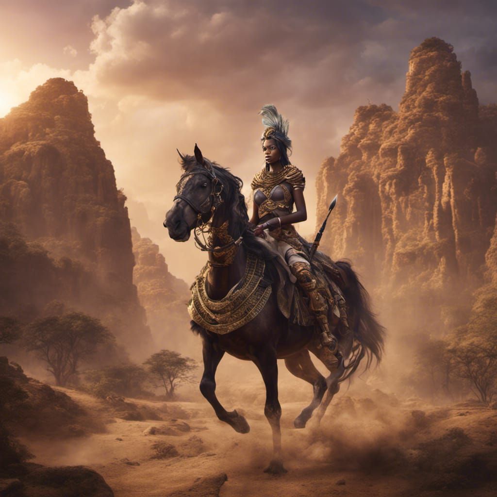 African Queen Warrior on Horse, Detailed Digital Painting